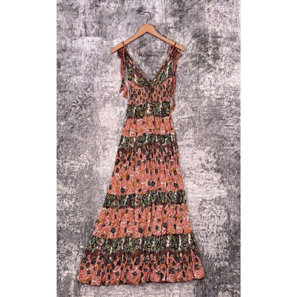 Free People Dress Medium Womens Smocked Tiered Mixed Print Maxi